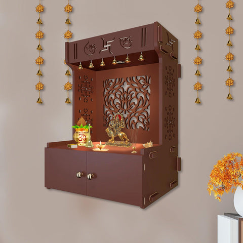 Holy Swastika Symbol of Hindu Religious Brown Wooden Wall Temple for Home With Inbuilt focus Lights & Spacious Shelf - Decor Mantra 