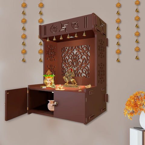 Holy Swastika Symbol of Hindu Religious Brown Wooden Wall Temple for Home With Inbuilt focus Lights & Spacious Shelf - Decor Mantra 