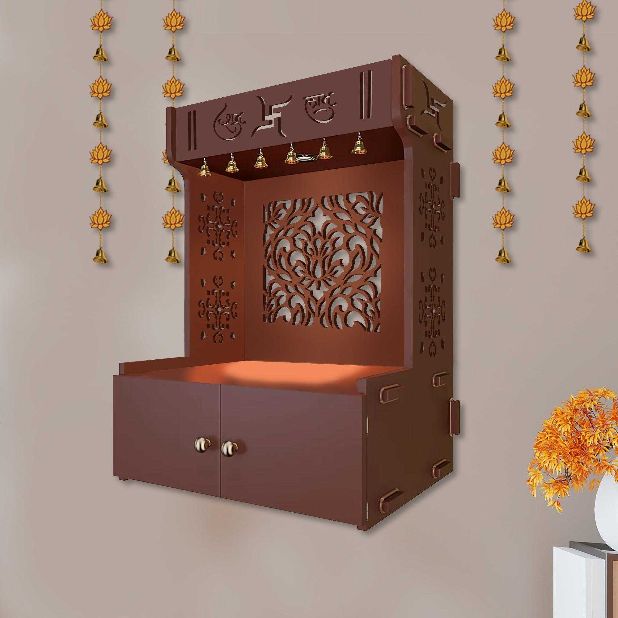 Holy Swastika Symbol of Hindu Religious Brown Wooden Wall Temple for Home With Inbuilt focus Lights & Spacious Shelf - Decor Mantra 