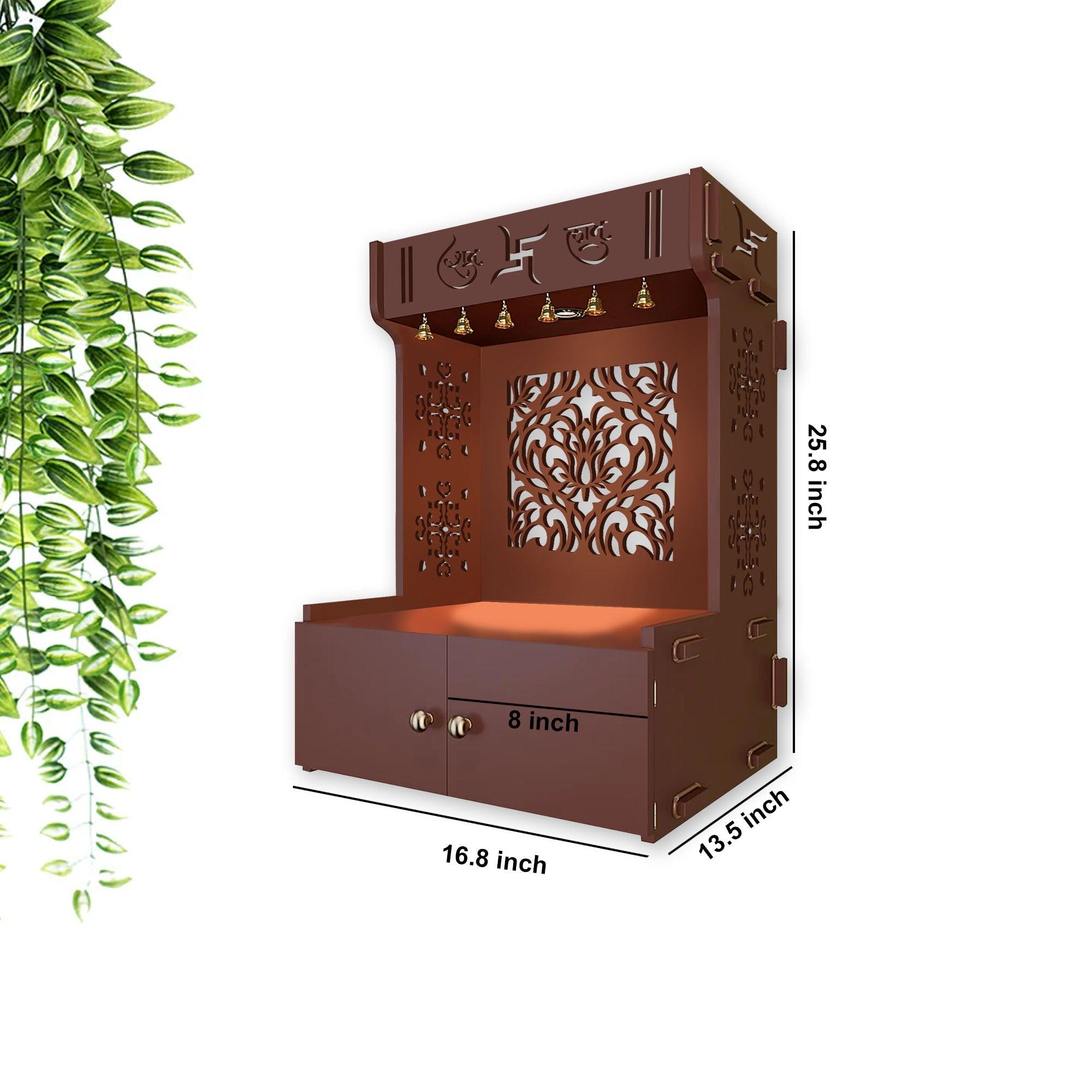 Holy Swastika Symbol of Hindu Religious Brown Wooden Wall Temple for Home With Inbuilt focus Lights & Spacious Shelf - Decor Mantra 