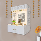 Holy Swastika Symbol of Hindu Religious White Wooden Wall Temple for Home With Inbuilt focus Lights & Spacious Shelf - Decor Mantra 