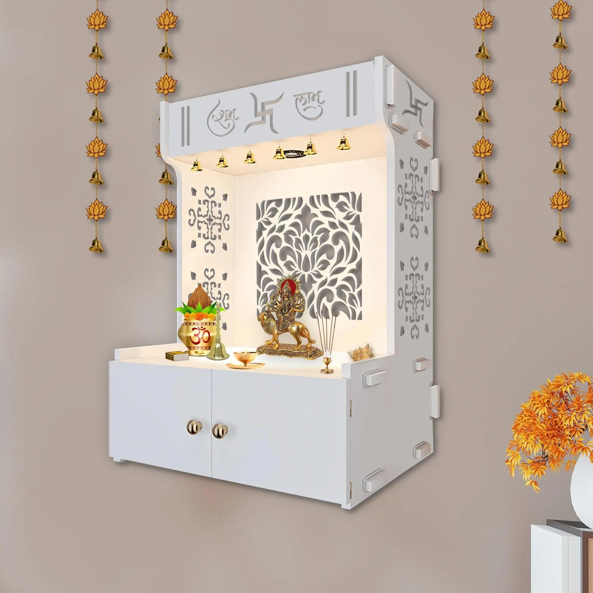 Holy Swastika Symbol of Hindu Religious White Wooden Wall Temple for Home With Inbuilt focus Lights & Spacious Shelf - Decor Mantra 