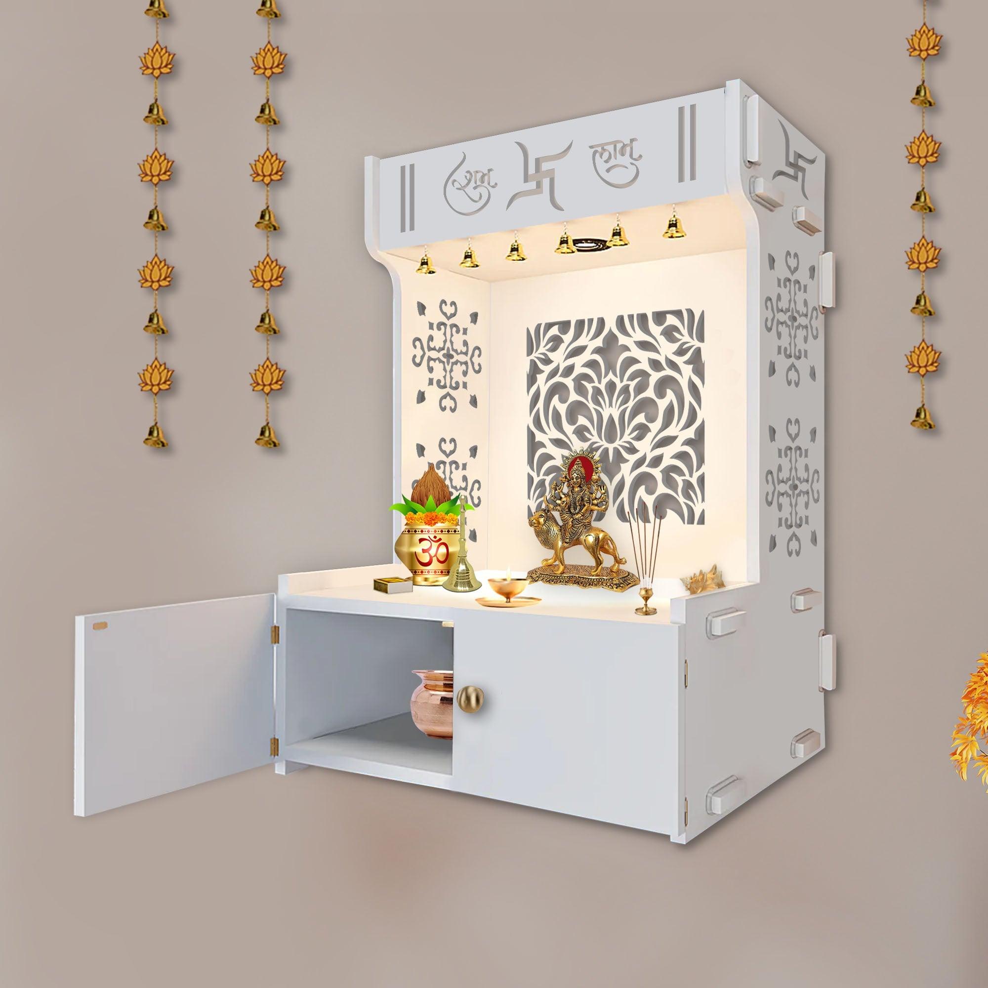 Holy Swastika Symbol of Hindu Religious White Wooden Wall Temple for Home With Inbuilt focus Lights & Spacious Shelf - Decor Mantra 