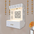 Holy Swastika Symbol of Hindu Religious White Wooden Wall Temple for Home With Inbuilt focus Lights & Spacious Shelf - Decor Mantra 