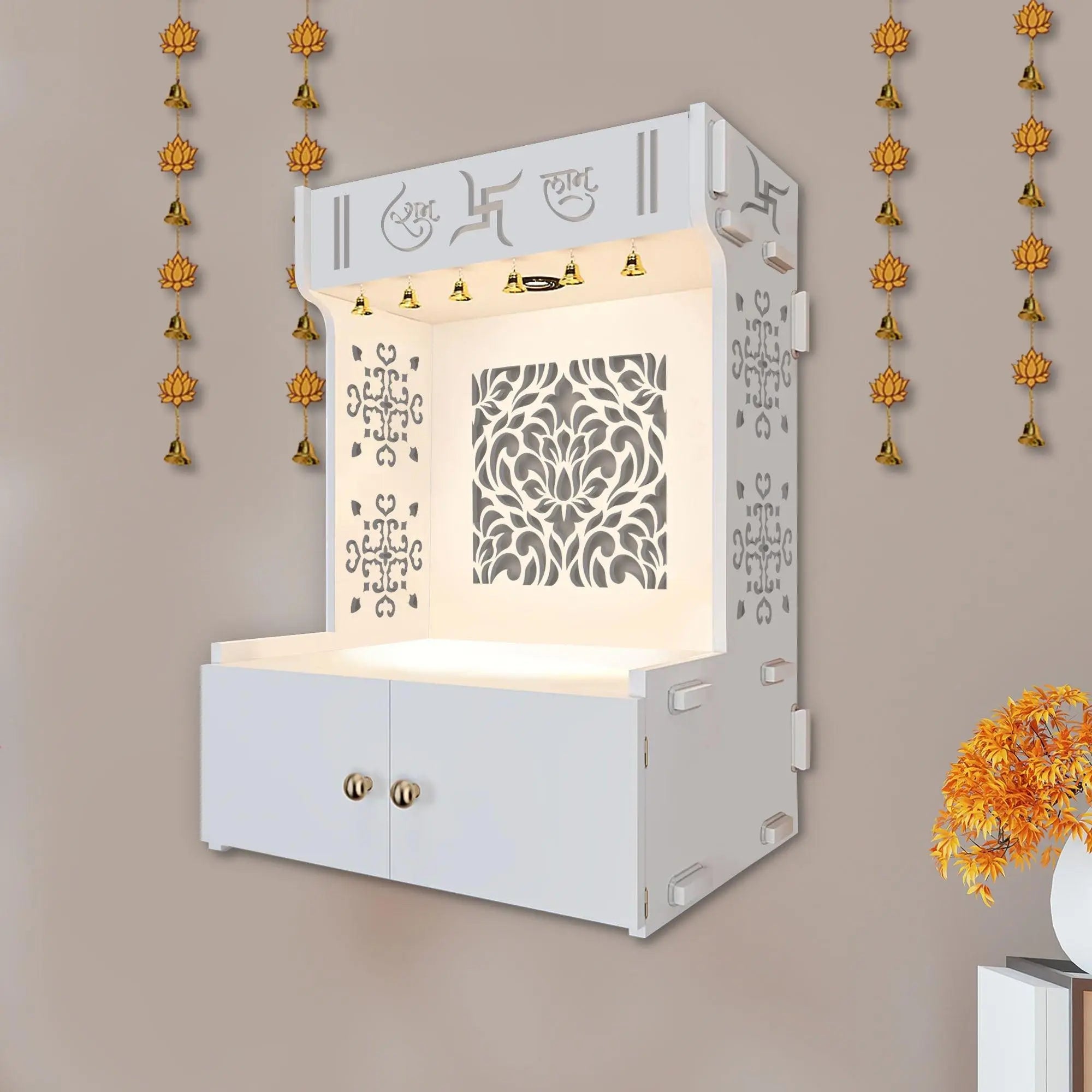Holy Swastika Symbol of Hindu Religious White Wooden Wall Temple for Home With Inbuilt focus Lights & Spacious Shelf - Decor Mantra 