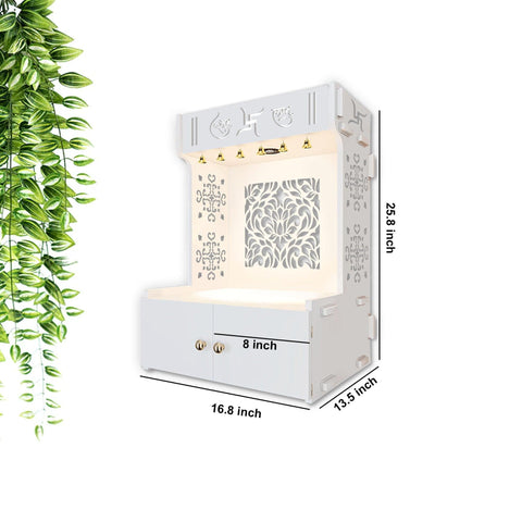 Holy Swastika Symbol of Hindu Religious White Wooden Wall Temple for Home With Inbuilt focus Lights & Spacious Shelf - Decor Mantra 