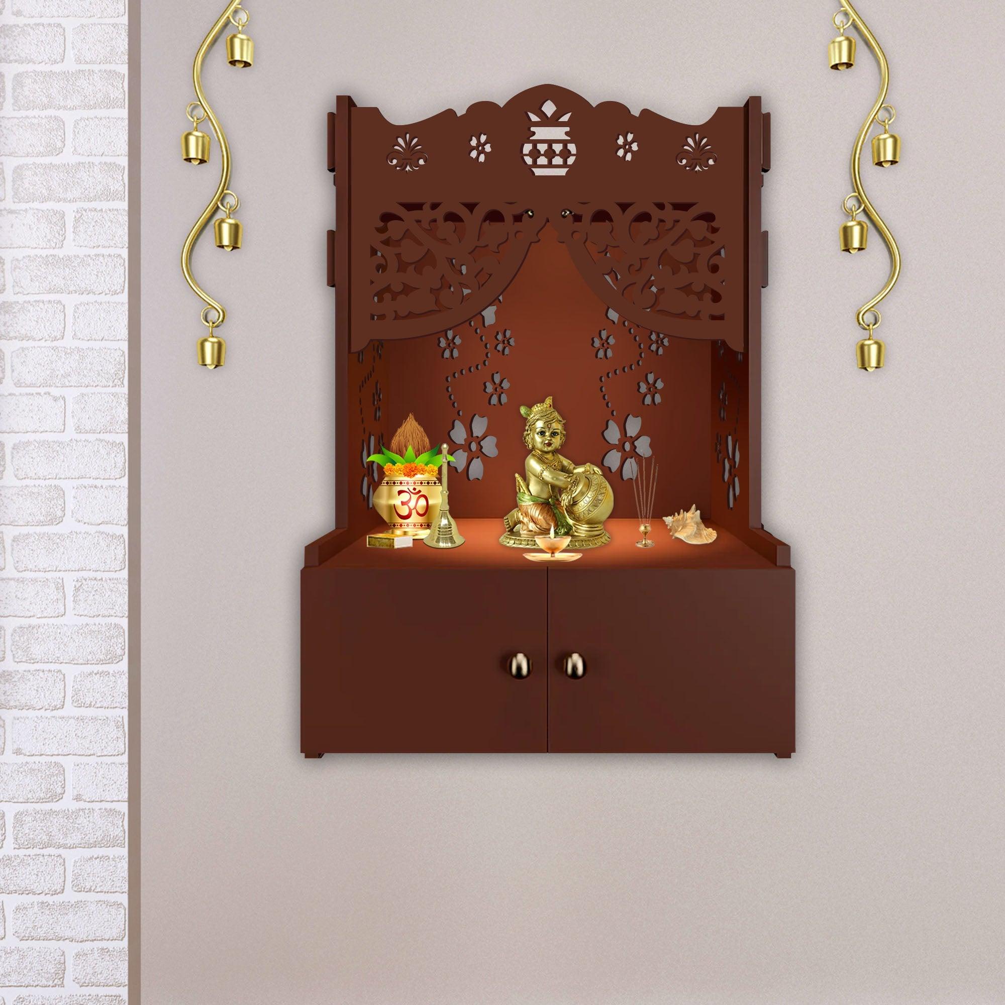 Swastika Kalash Symbol of Hindu Religious Brown Wooden Wall Temple for Home With Inbuilt focus Lights & Spacious Shelf - Decor Mantra 