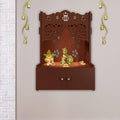 Swastika Kalash Symbol of Hindu Religious Brown Wooden Wall Temple for Home With Inbuilt focus Lights & Spacious Shelf - Decor Mantra 