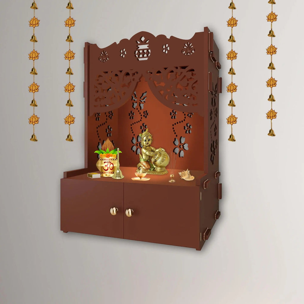 Swastika Kalash Symbol of Hindu Religious Brown Wooden Wall Temple for Home With Inbuilt focus Lights & Spacious Shelf - Decor Mantra 