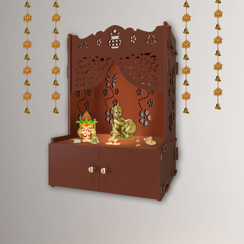 Swastika Kalash Symbol of Hindu Religious Brown Wooden Wall Temple for Home With Inbuilt focus Lights & Spacious Shelf - Decor Mantra 