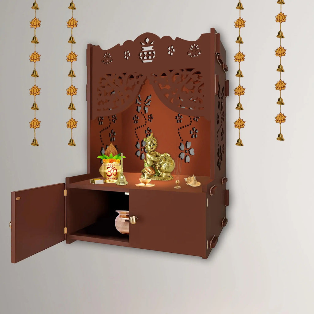 Swastika Kalash Symbol of Hindu Religious Brown Wooden Wall Temple for Home With Inbuilt focus Lights & Spacious Shelf - Decor Mantra 
