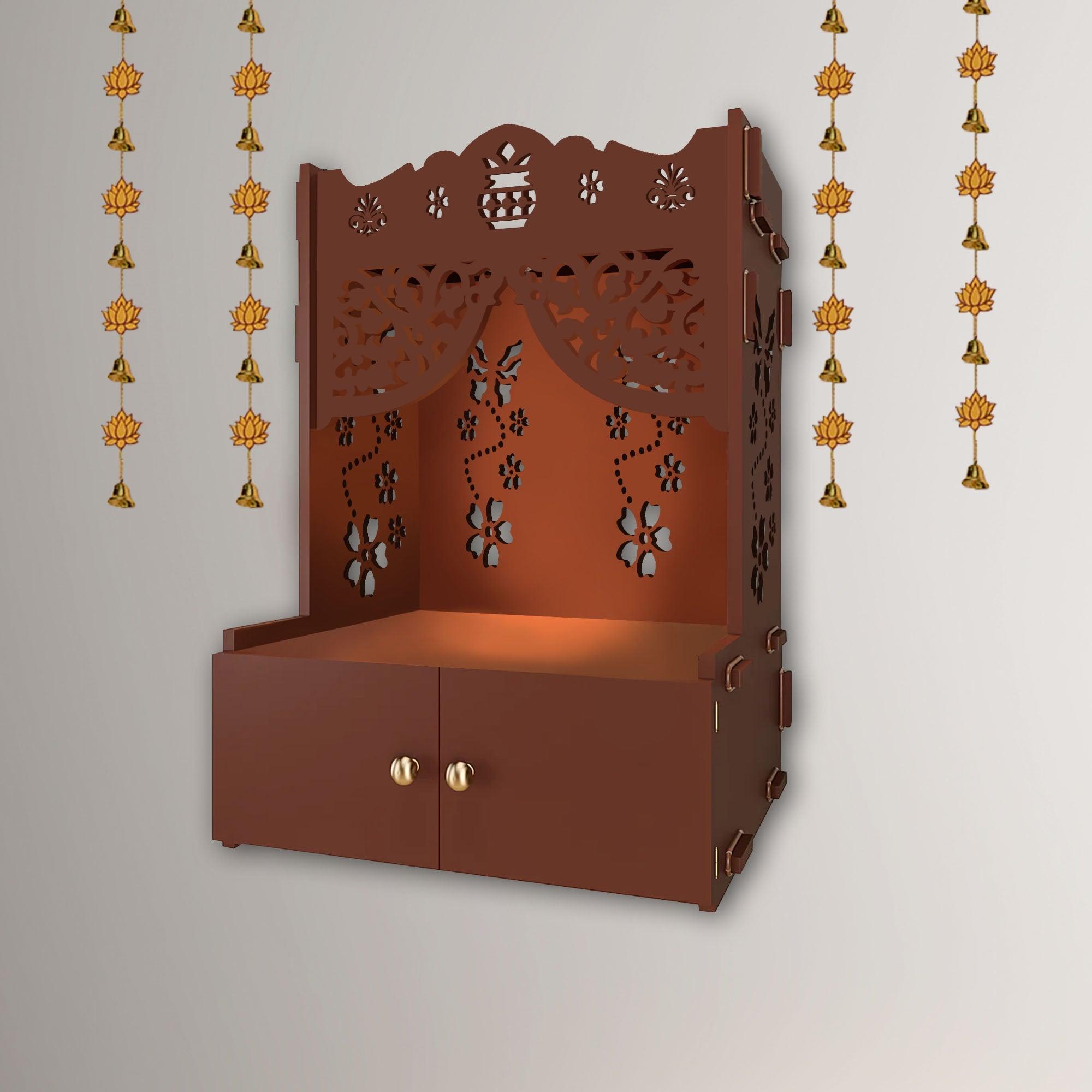 Swastika Kalash Symbol of Hindu Religious Brown Wooden Wall Temple for Home With Inbuilt focus Lights & Spacious Shelf - Decor Mantra 