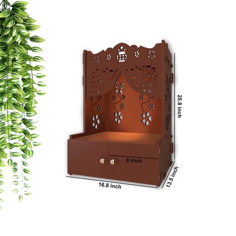 Swastika Kalash Symbol of Hindu Religious Brown Wooden Wall Temple for Home With Inbuilt focus Lights & Spacious Shelf - Decor Mantra 