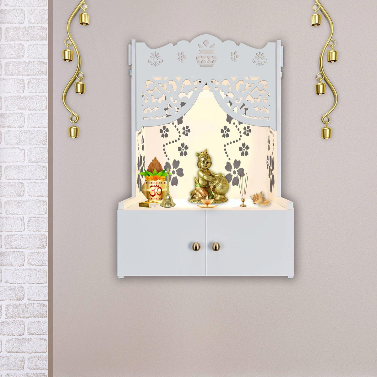 Swastika Kalash Symbol of Hindu Religious White Wooden Wall Temple for Home With Inbuilt focus Lights & Spacious Shelf - Decor Mantra 