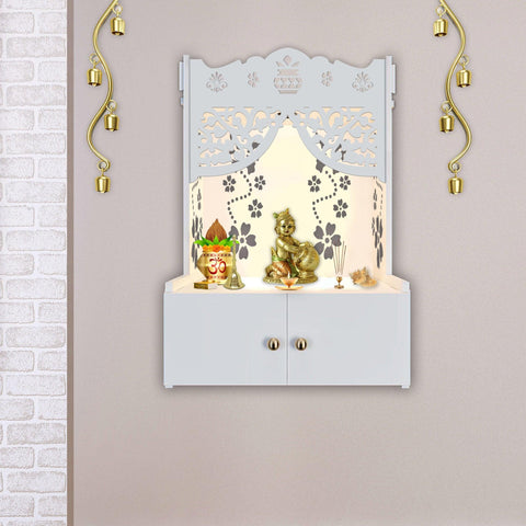 Swastika Kalash Symbol of Hindu Religious White Wooden Wall Temple for Home With Inbuilt focus Lights & Spacious Shelf - Decor Mantra 