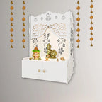 Swastika Kalash Symbol of Hindu Religious White Wooden Wall Temple for Home With Inbuilt focus Lights & Spacious Shelf - Decor Mantra 