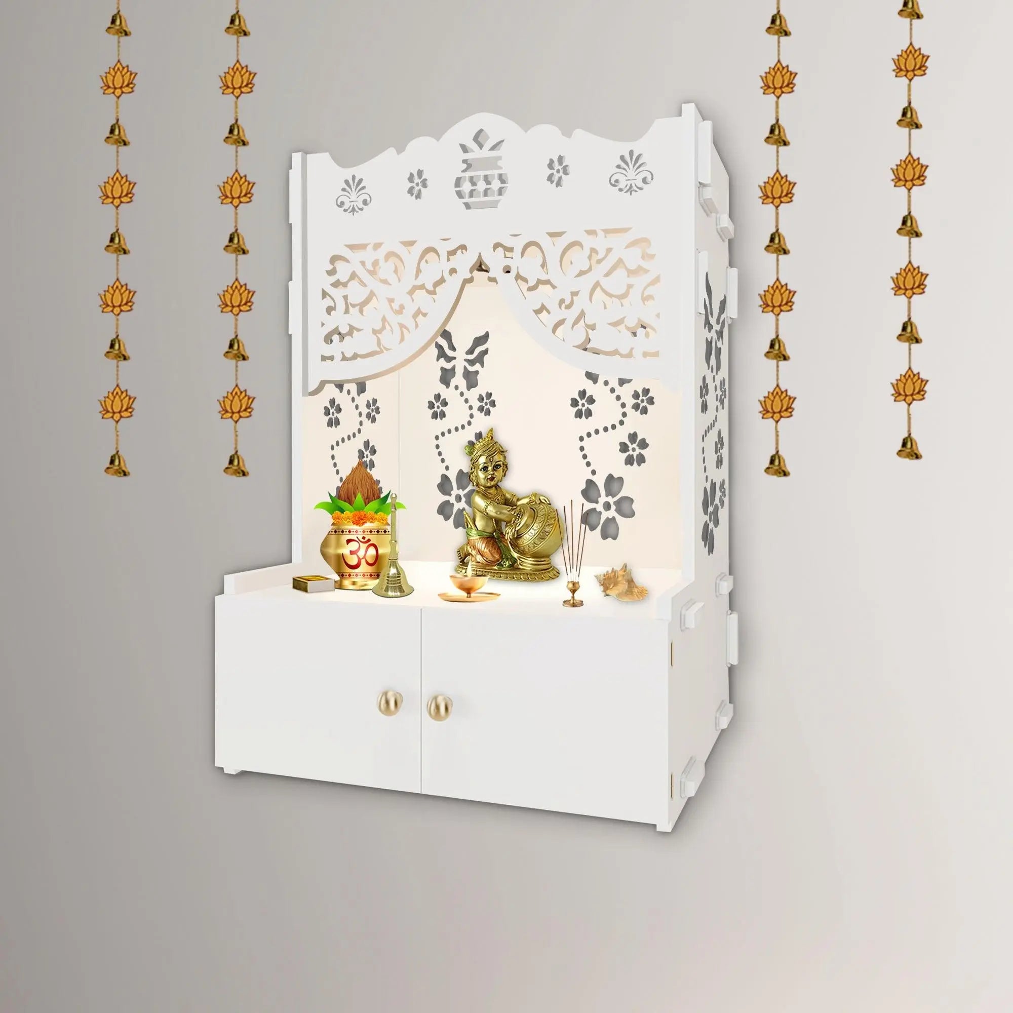 Swastika Kalash Symbol of Hindu Religious White Wooden Wall Temple for Home With Inbuilt focus Lights & Spacious Shelf - Decor Mantra 