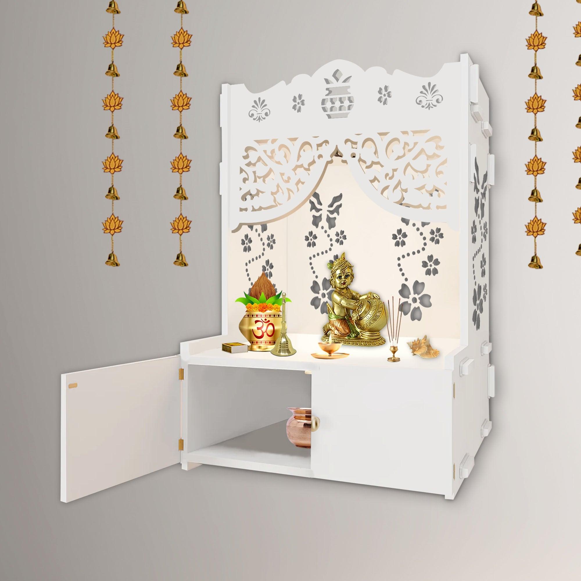 Swastika Kalash Symbol of Hindu Religious White Wooden Wall Temple for Home With Inbuilt focus Lights & Spacious Shelf - Decor Mantra 