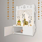 Swastika Kalash Symbol of Hindu Religious White Wooden Wall Temple for Home With Inbuilt focus Lights & Spacious Shelf - Decor Mantra 