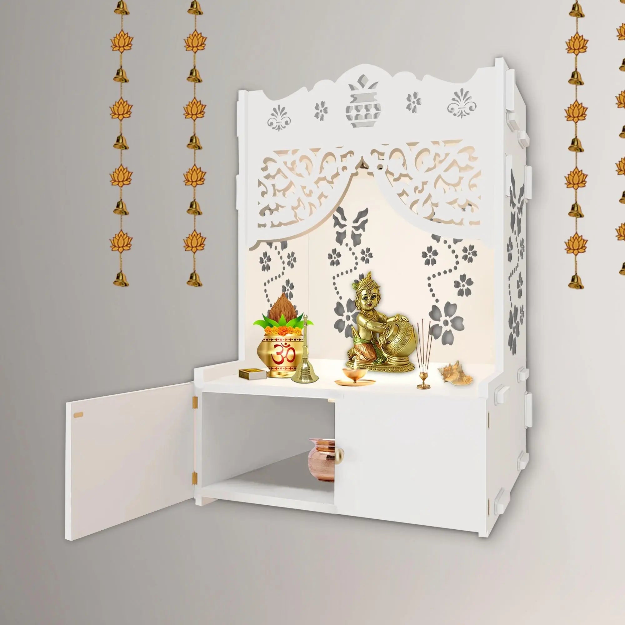 Swastika Kalash Symbol of Hindu Religious White Wooden Wall Temple for Home With Inbuilt focus Lights & Spacious Shelf - Decor Mantra 