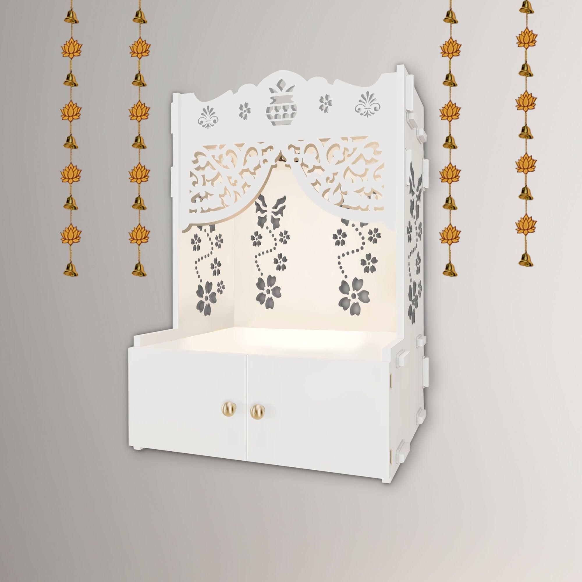 Swastika Kalash Symbol of Hindu Religious White Wooden Wall Temple for Home With Inbuilt focus Lights & Spacious Shelf - Decor Mantra 