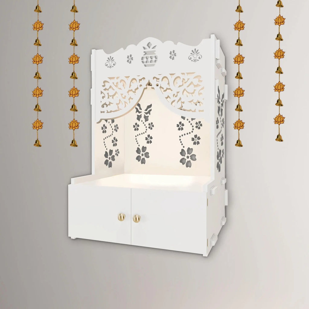 Swastika Kalash Symbol of Hindu Religious White Wooden Wall Temple for Home With Inbuilt focus Lights & Spacious Shelf - Decor Mantra 