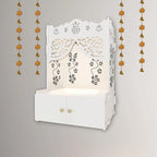Swastika Kalash Symbol of Hindu Religious White Wooden Wall Temple for Home With Inbuilt focus Lights & Spacious Shelf - Decor Mantra 
