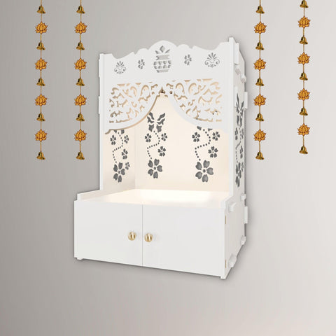 Swastika Kalash Symbol of Hindu Religious White Wooden Wall Temple for Home With Inbuilt focus Lights & Spacious Shelf - Decor Mantra 