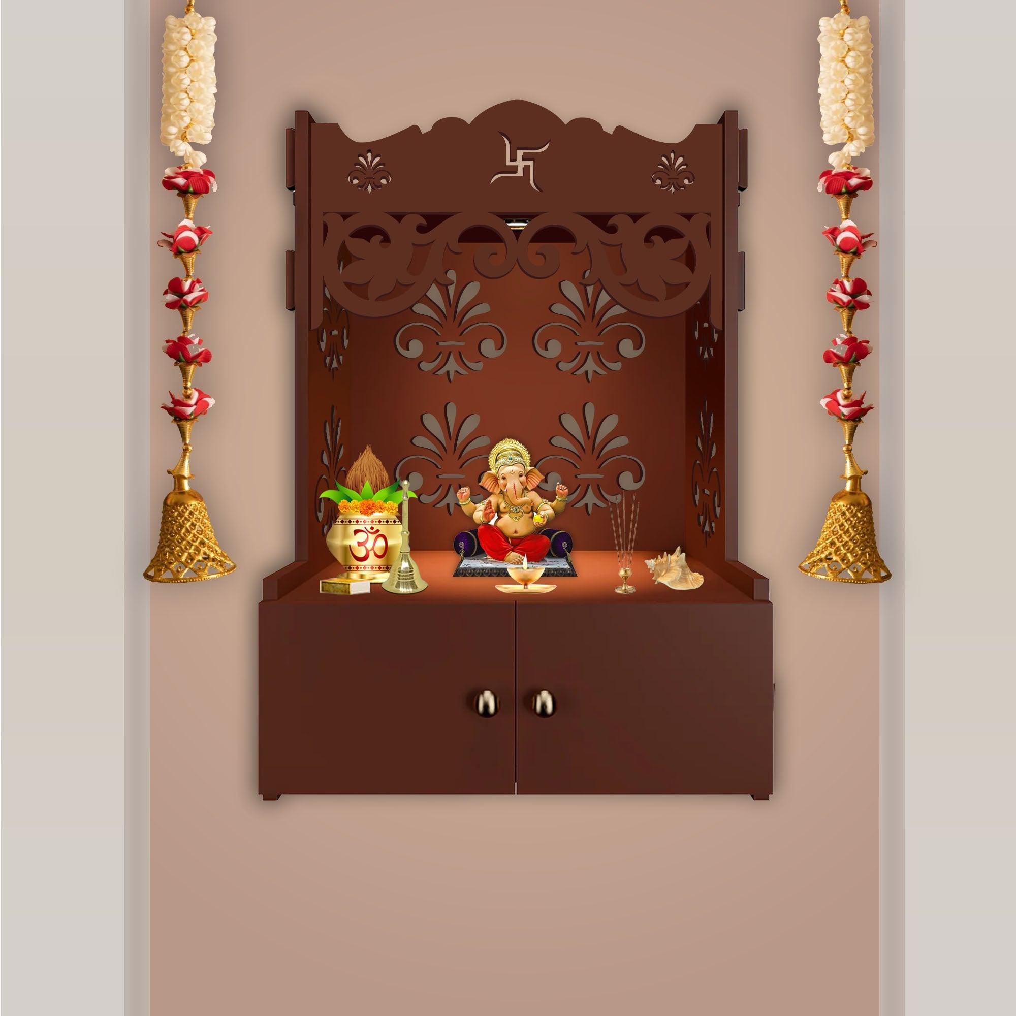 Shubh Labh Symbol of Hindu Religious Brown Wooden Wall Temple for Home With Inbuilt focus Lights & Spacious Shelf - Decor Mantra 