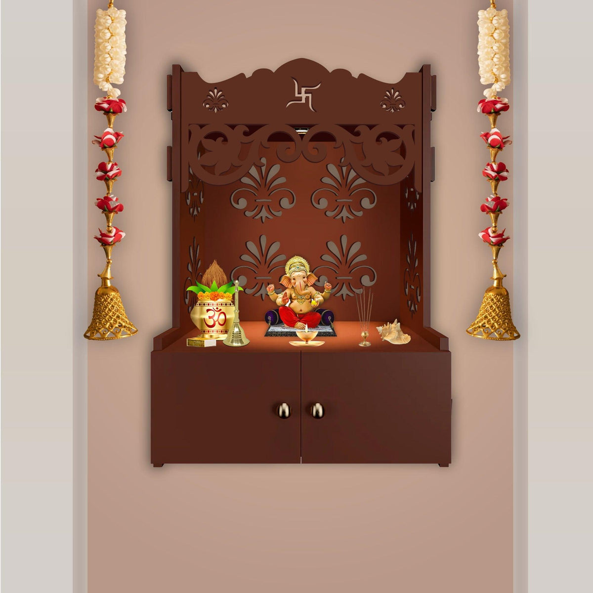 Shubh Labh Symbol of Hindu Religious Brown Wooden Wall Temple for Home With Inbuilt focus Lights & Spacious Shelf - Decor Mantra 