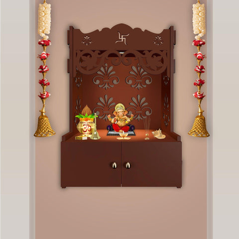 Shubh Labh Symbol of Hindu Religious Brown Wooden Wall Temple for Home With Inbuilt focus Lights & Spacious Shelf - Decor Mantra 