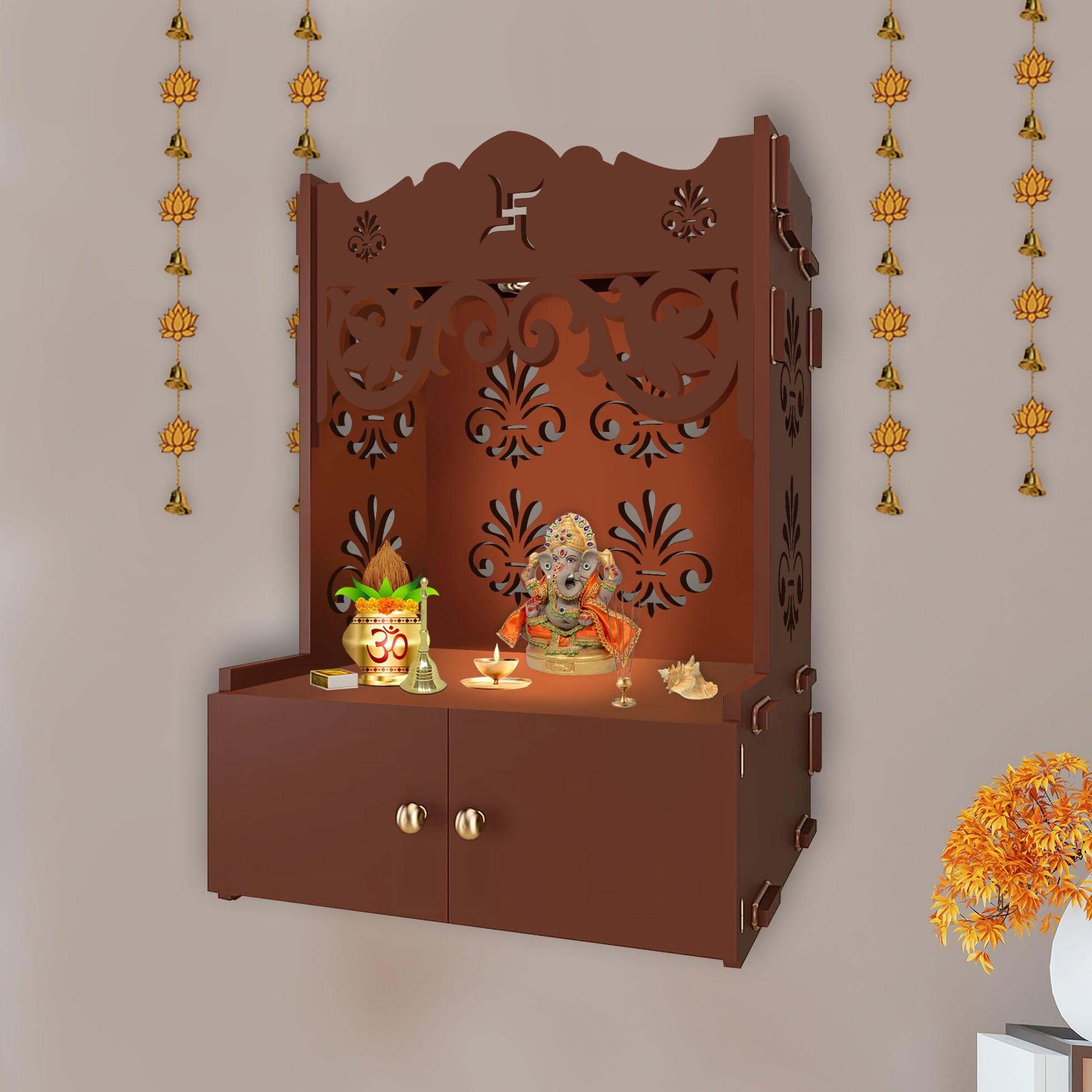 Shubh Labh Symbol of Hindu Religious Brown Wooden Wall Temple for Home With Inbuilt focus Lights & Spacious Shelf - Decor Mantra 