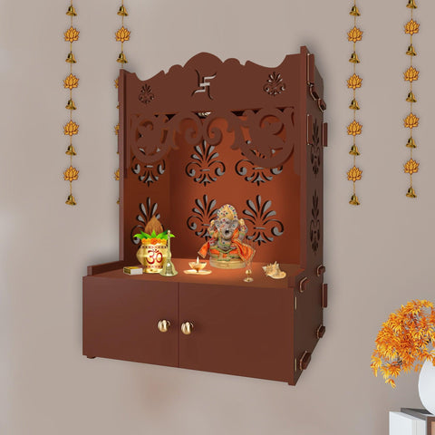 Shubh Labh Symbol of Hindu Religious Brown Wooden Wall Temple for Home With Inbuilt focus Lights & Spacious Shelf - Decor Mantra 