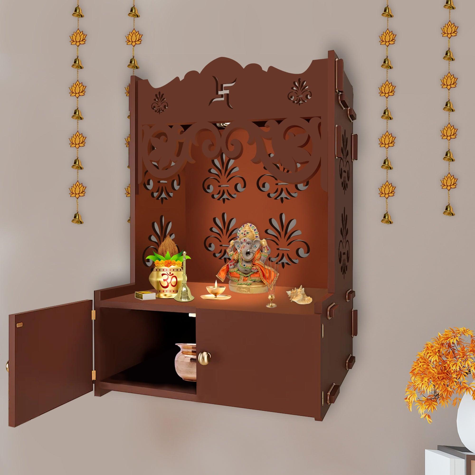 Shubh Labh Symbol of Hindu Religious Brown Wooden Wall Temple for Home With Inbuilt focus Lights & Spacious Shelf - Decor Mantra 