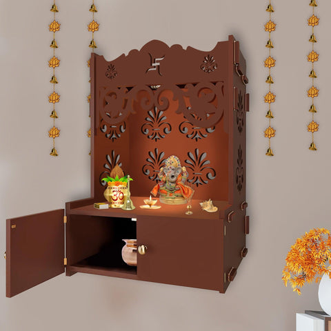 Shubh Labh Symbol of Hindu Religious Brown Wooden Wall Temple for Home With Inbuilt focus Lights & Spacious Shelf - Decor Mantra 