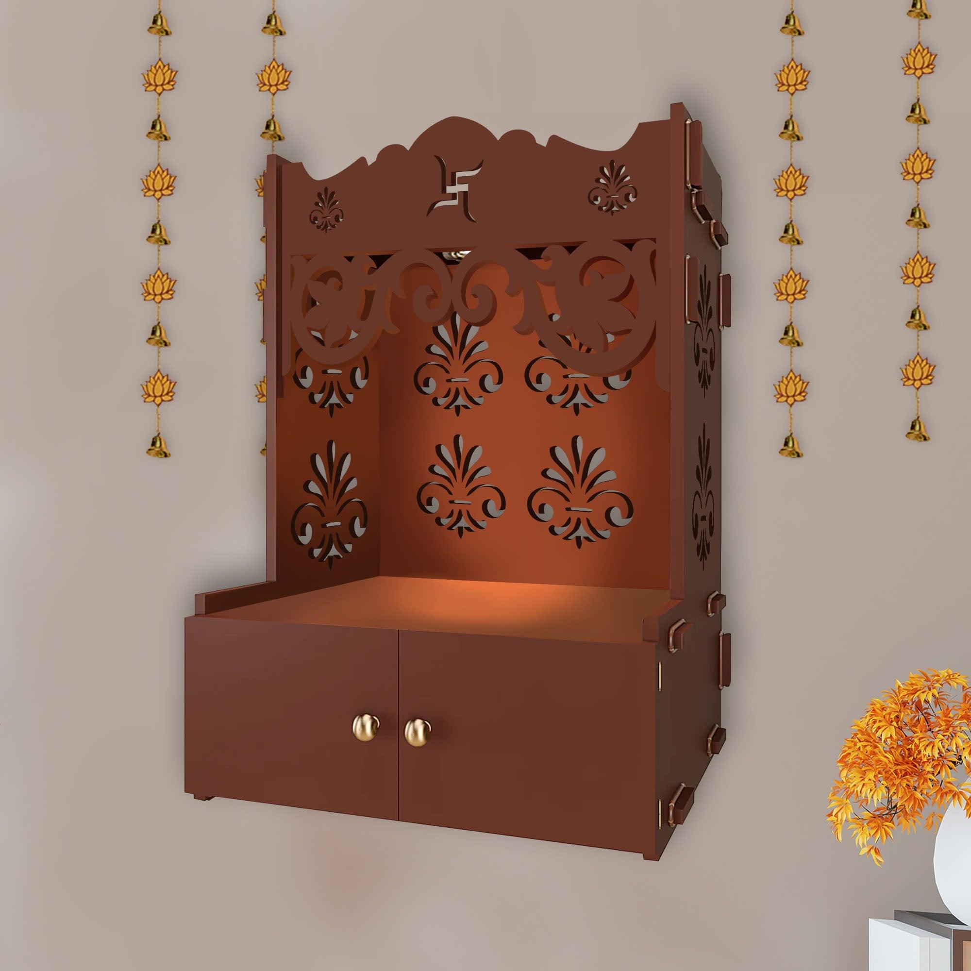 Shubh Labh Symbol of Hindu Religious Brown Wooden Wall Temple for Home With Inbuilt focus Lights & Spacious Shelf - Decor Mantra 