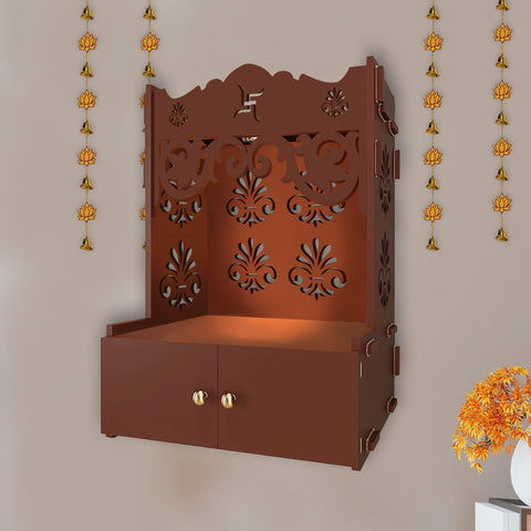 Shubh Labh Symbol of Hindu Religious Brown Wooden Wall Temple for Home With Inbuilt focus Lights & Spacious Shelf - Decor Mantra 