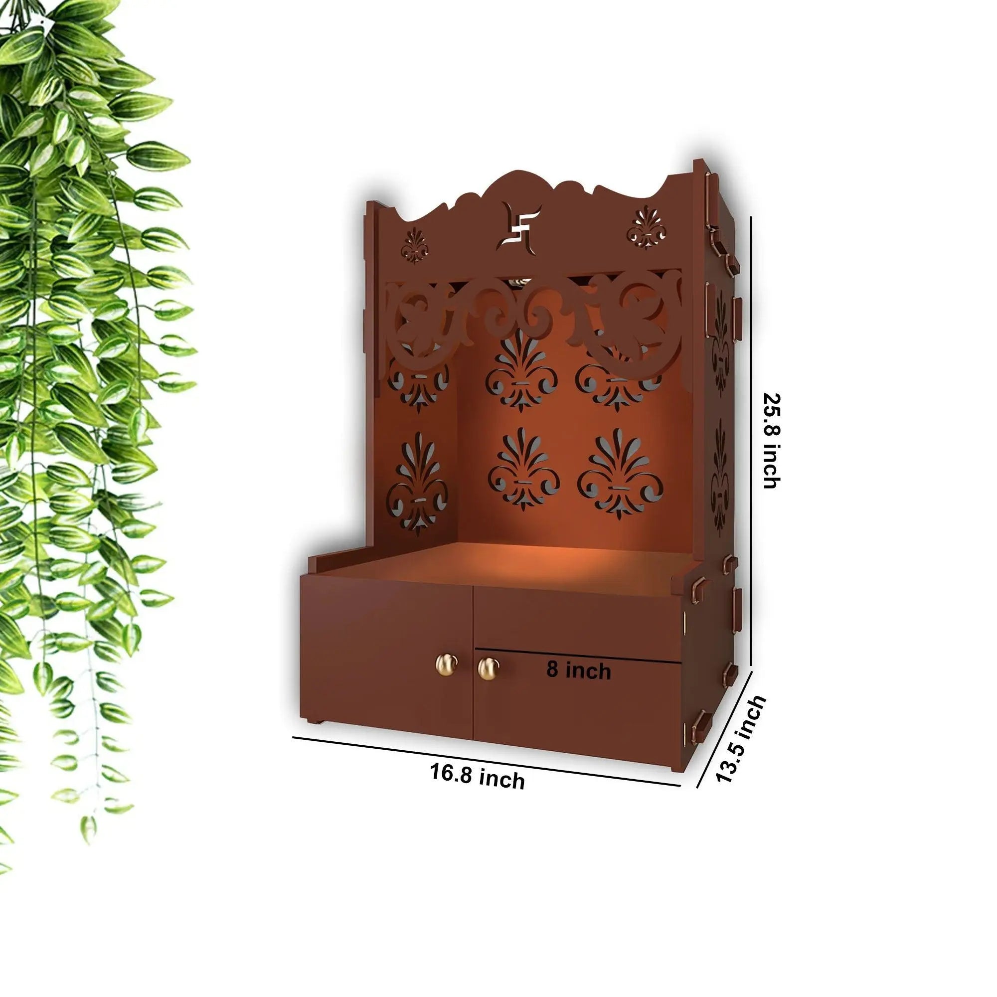 Shubh Labh Symbol of Hindu Religious Brown Wooden Wall Temple for Home With Inbuilt focus Lights & Spacious Shelf - Decor Mantra 