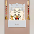 Shubh Labh Symbol of Hindu Religious White Wooden Wall Temple for Home With Inbuilt focus Lights & Spacious Shelf - Decor Mantra 