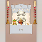Shubh Labh Symbol of Hindu Religious White Wooden Wall Temple for Home With Inbuilt focus Lights & Spacious Shelf - Decor Mantra 