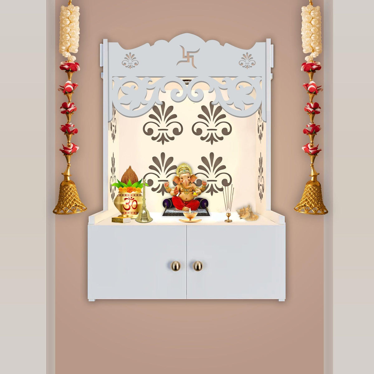 Shubh Labh Symbol of Hindu Religious White Wooden Wall Temple for Home With Inbuilt focus Lights & Spacious Shelf - Decor Mantra 
