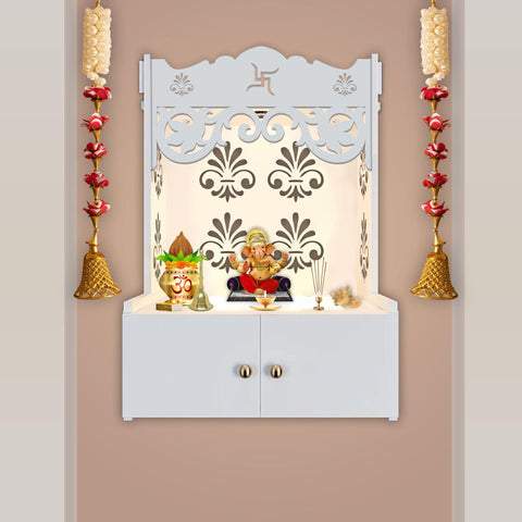 Shubh Labh Symbol of Hindu Religious White Wooden Wall Temple for Home With Inbuilt focus Lights & Spacious Shelf - Decor Mantra 