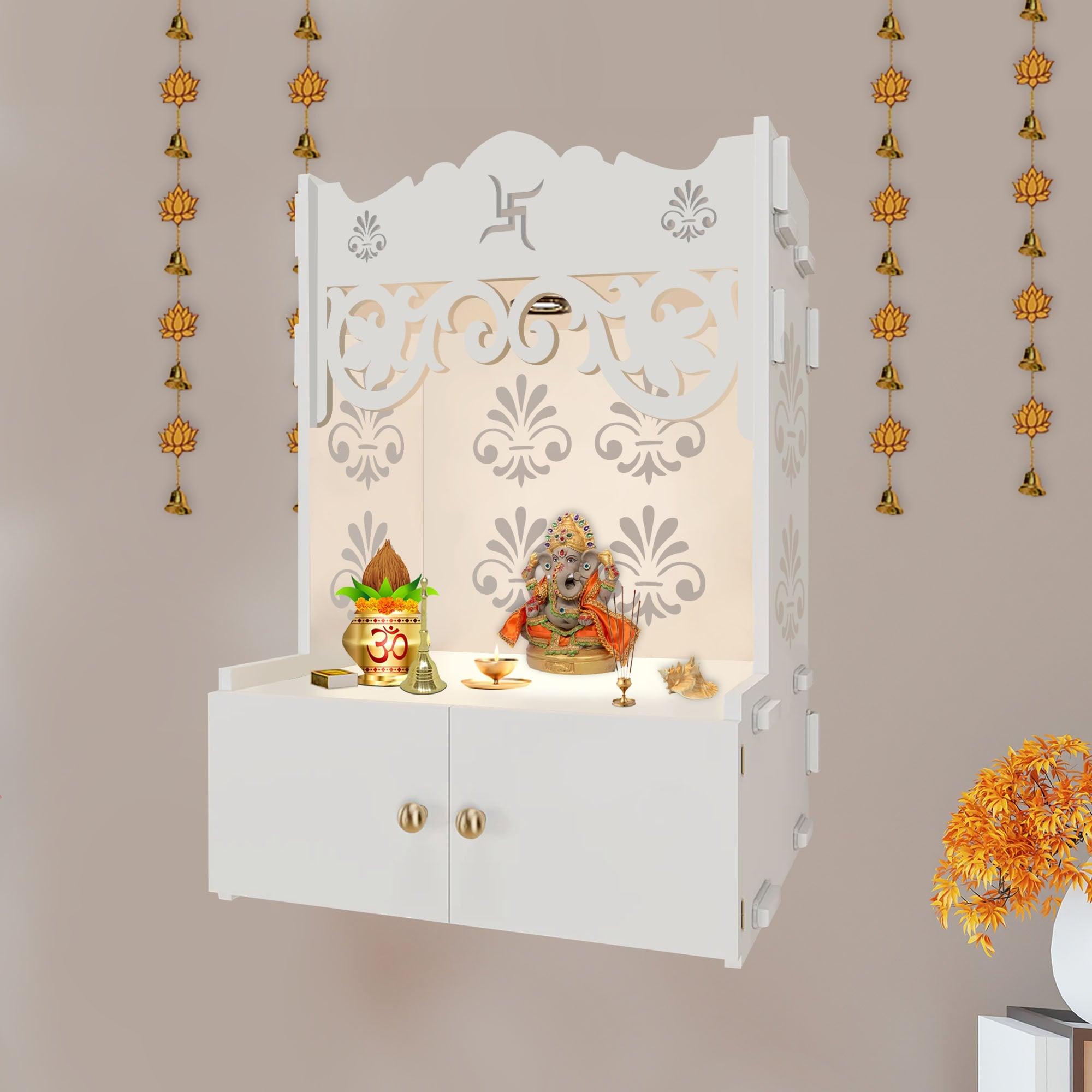 Shubh Labh Symbol of Hindu Religious White Wooden Wall Temple for Home With Inbuilt focus Lights & Spacious Shelf - Decor Mantra 
