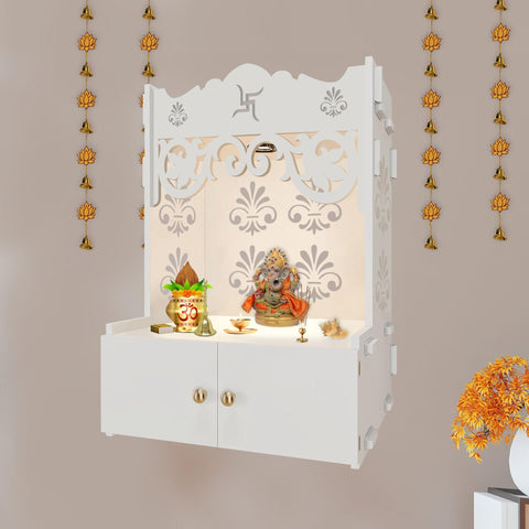 Shubh Labh Symbol of Hindu Religious White Wooden Wall Temple for Home With Inbuilt focus Lights & Spacious Shelf - Decor Mantra 