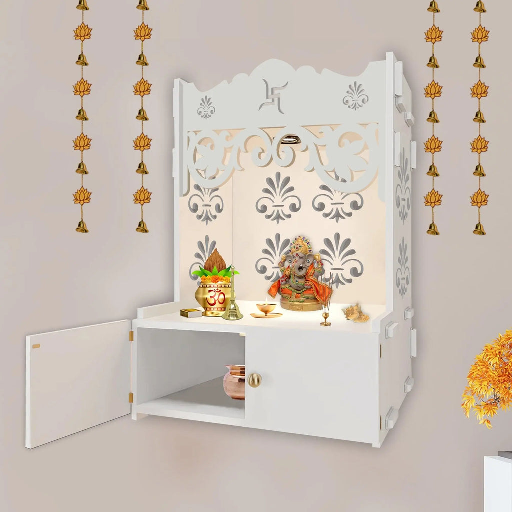 Shubh Labh Symbol of Hindu Religious White Wooden Wall Temple for Home With Inbuilt focus Lights & Spacious Shelf - Decor Mantra 