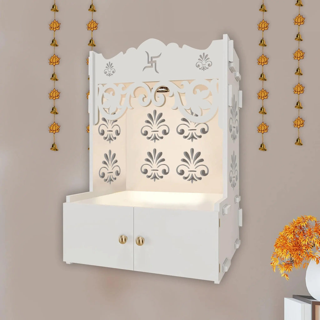 Shubh Labh Symbol of Hindu Religious White Wooden Wall Temple for Home With Inbuilt focus Lights & Spacious Shelf - Decor Mantra 