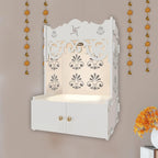 Shubh Labh Symbol of Hindu Religious White Wooden Wall Temple for Home With Inbuilt focus Lights & Spacious Shelf - Decor Mantra 