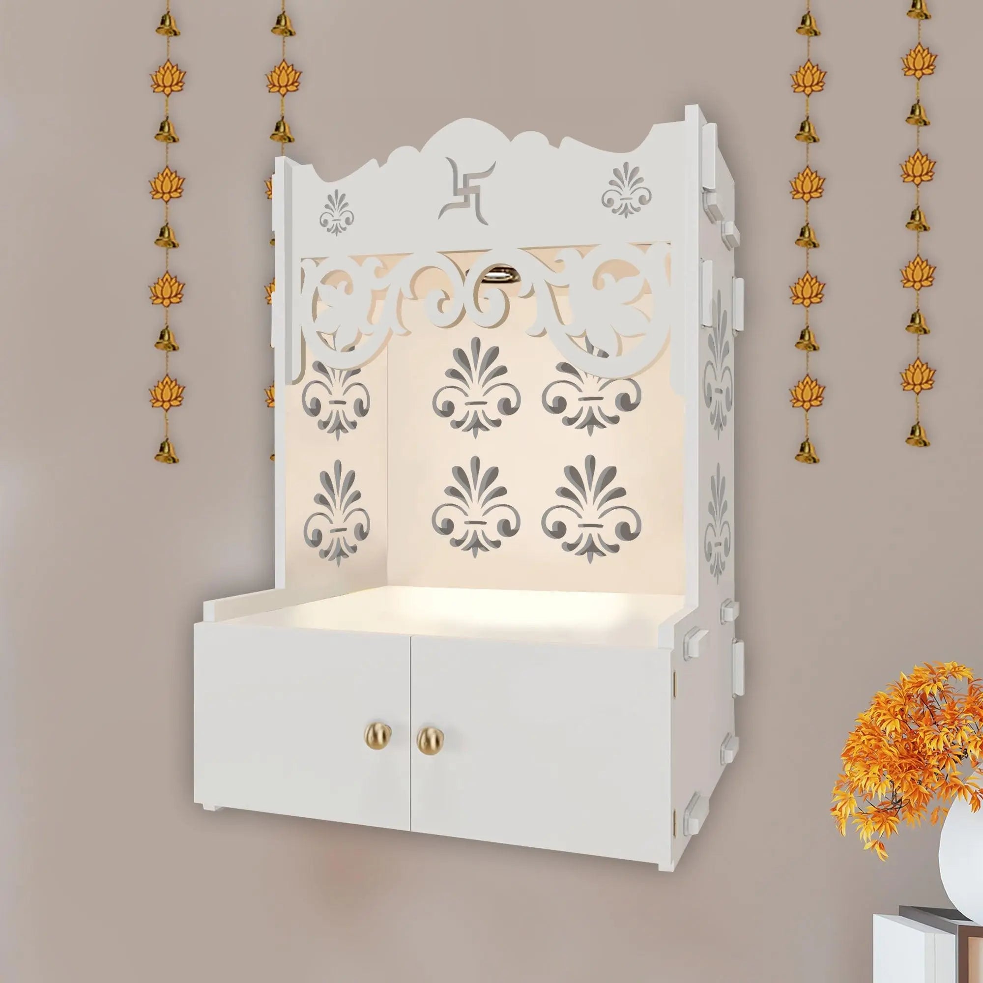 Shubh Labh Symbol of Hindu Religious White Wooden Wall Temple for Home With Inbuilt focus Lights & Spacious Shelf - Decor Mantra 