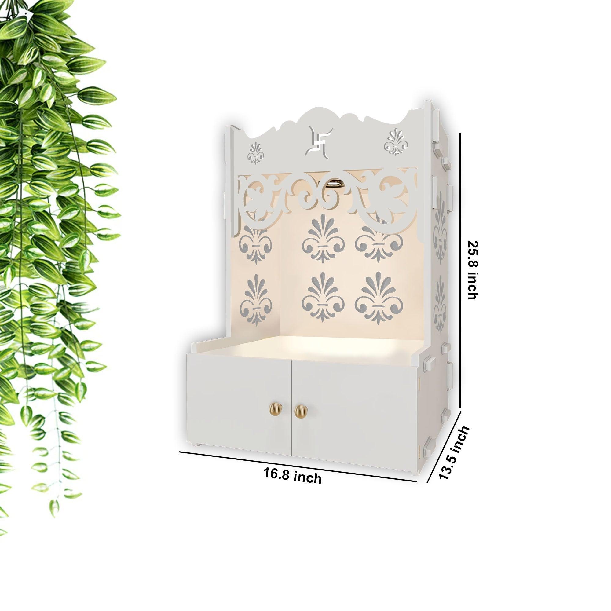 Shubh Labh Symbol of Hindu Religious White Wooden Wall Temple for Home With Inbuilt focus Lights & Spacious Shelf - Decor Mantra 