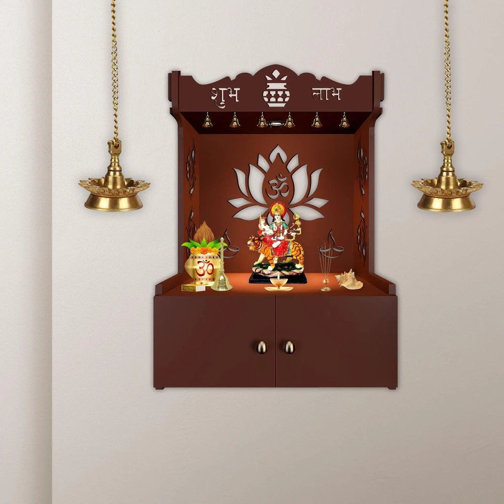 Beautiful Lotus Pattern Brown Wooden Wall Temple for Home With Inbuilt focus Lights & Spacious Shelf - Decor Mantra 